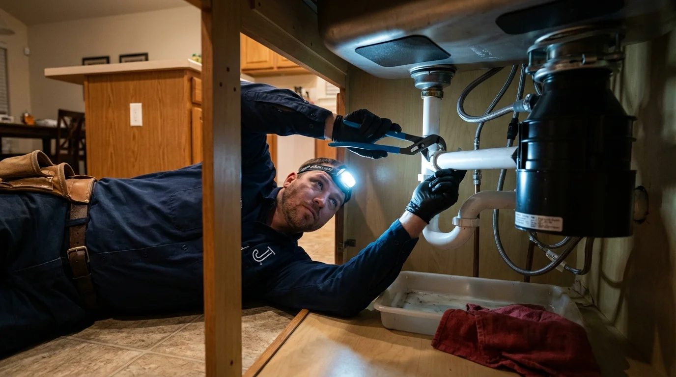 P-trap and supply line connections under a kitchen sink showing a common leak point in Manchester, TN